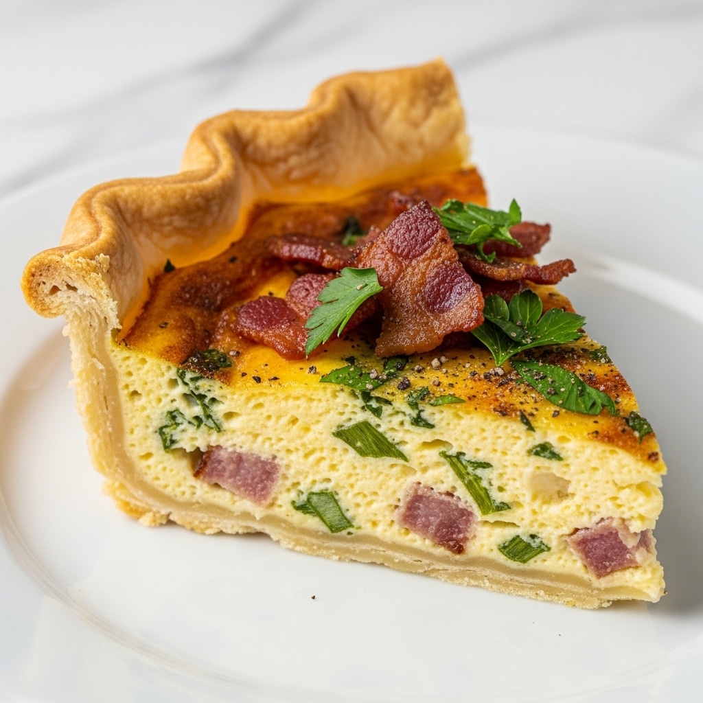 A close-up of a thick slice of quiche with a golden-brown, flaky crust that curls slightly at the edge, and a creamy, pale yellow egg filling. The filling contains visible bits of browned bacon and small green herbs, with crispy bacon pieces scattered on top alongside some chopped fresh green parsley and a light sprinkling of black pepper. The slice sits on a white plate with a subtle shine, all set against a smooth white marbled surface. photo taken with an iphone --ar 4:5 --v 7