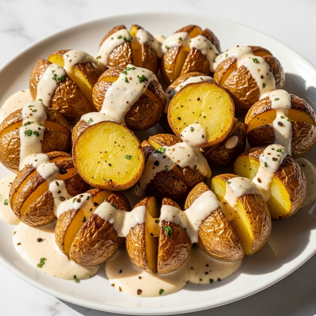 A white plate is filled with about two layers of golden-brown roasted baby potatoes, each potato sliced in half showing a slightly crispy, charred surface with a soft yellow inside. The potatoes are covered in a creamy, off-white sauce that pools around the base and drips over the top, with small dark specks of seasoning and tiny green herb bits scattered on top. The background is a white marbled texture, and there is a warm, natural light highlighting the glossy texture of the sauce and the roasted edges of the potatoes. photo taken with an iphone --ar 4:5 --v 7