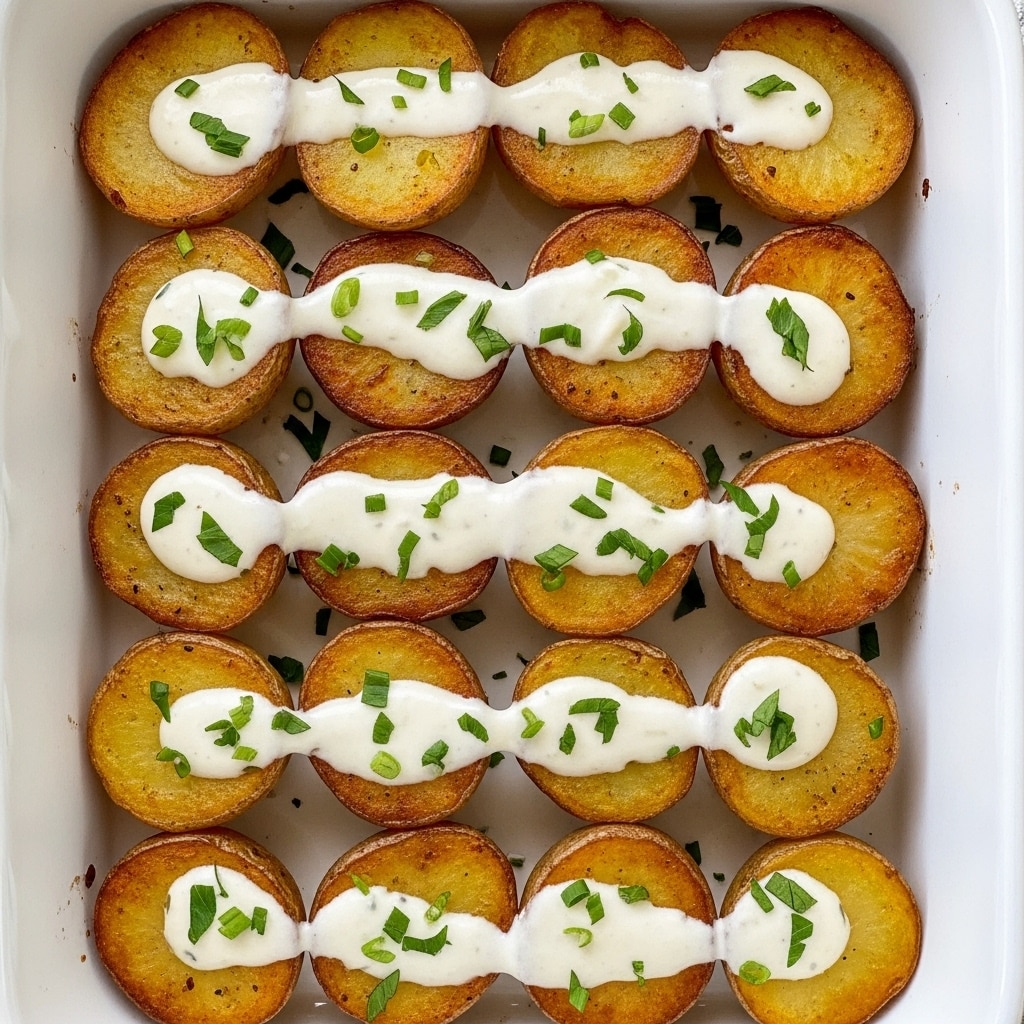 The image shows a close-up of one layer of halved golden brown roasted potatoes covered in a thick creamy white sauce with small green herb pieces sprinkled on top, all placed inside a white rectangular dish, with the potatoes' skin showing a slightly crispy texture and some charred marks. photo taken with an iphone --ar 4:5 --v 7