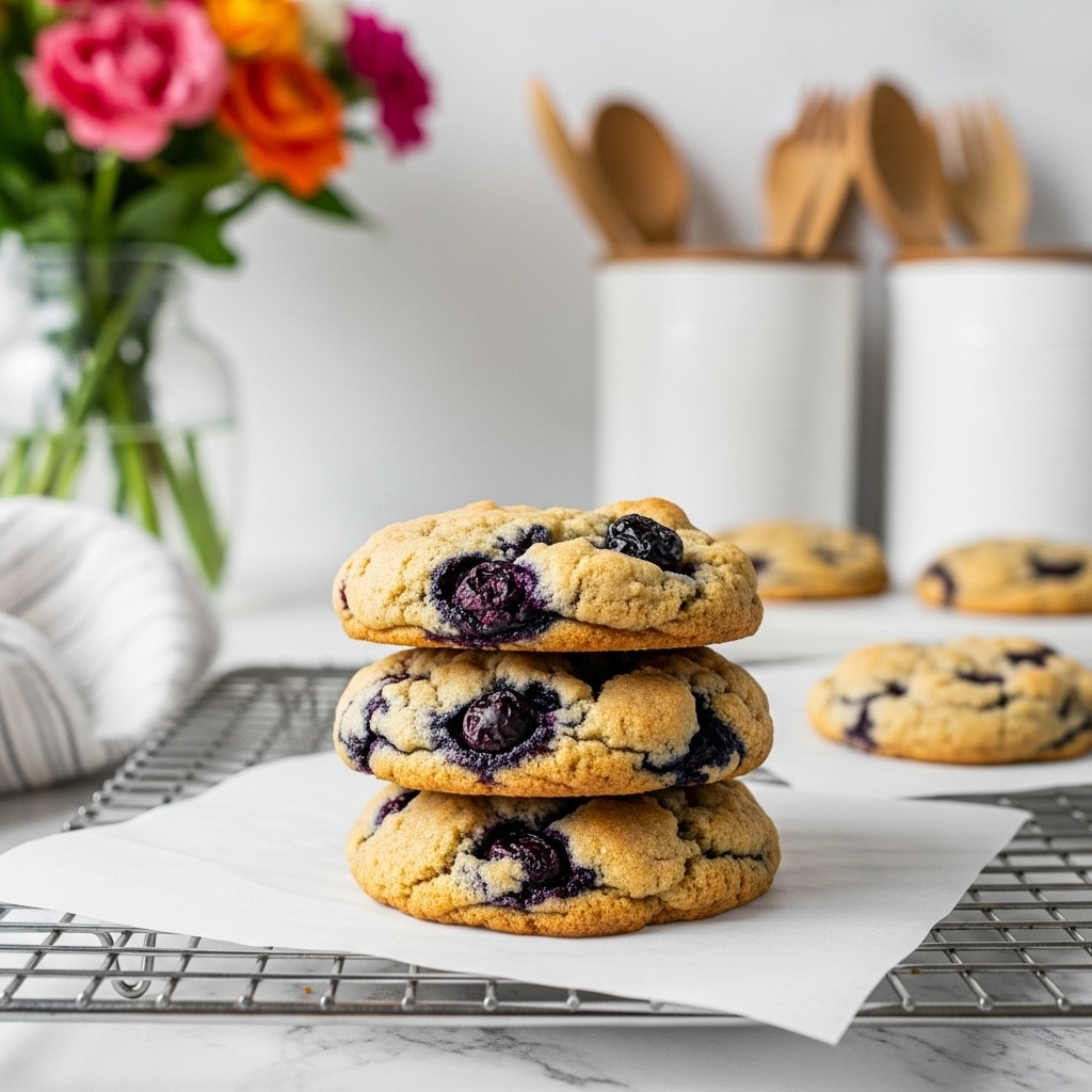 A stack of three golden brown cookies with visible dark blueberries baked inside, sitting on a white parchment paper on a metal cooling rack. The cookies have a slightly crispy edge and a soft, chewy texture with a mix of light brown and beige colors. In the background, there is a blurred bouquet of pink and orange flowers in a glass vase, and white kitchen containers with wooden utensils, all set on a white marbled surface. photo taken with an iphone --ar 4:5 --v 7