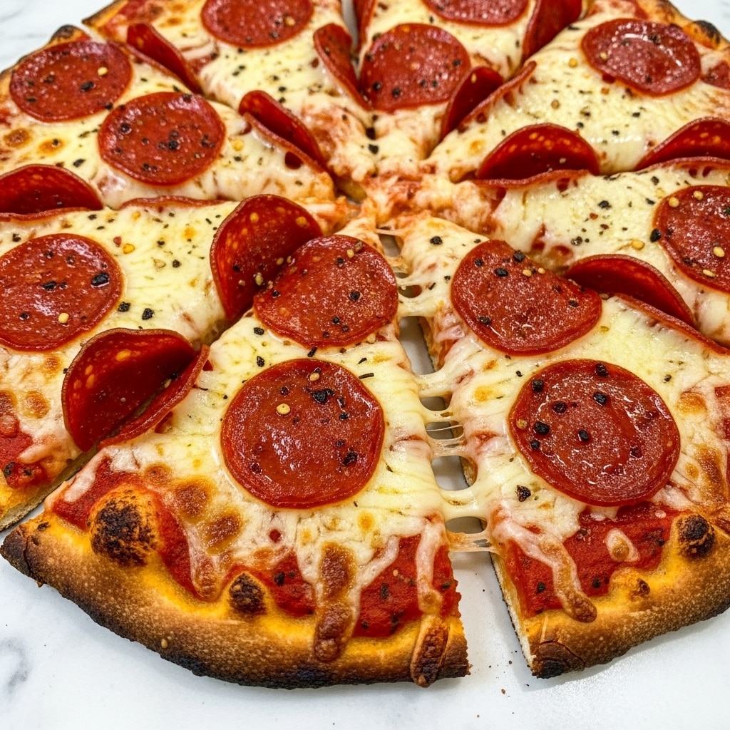 A close-up of a pepperoni pizza sliced into eight pieces, showing a crispy, slightly burnt thin crust with uneven dark brown edges; the first layer is a bright red tomato sauce visible in some spots near the crust; the second layer is melted, golden cheese covering the entire pizza with a stringy texture in places; the top layer features evenly spaced, glossy, red pepperoni slices with some curled edges and black pepper flakes sprinkled over everything, all resting on a white marbled surface. photo taken with an iphone --ar 4:5 --v 7