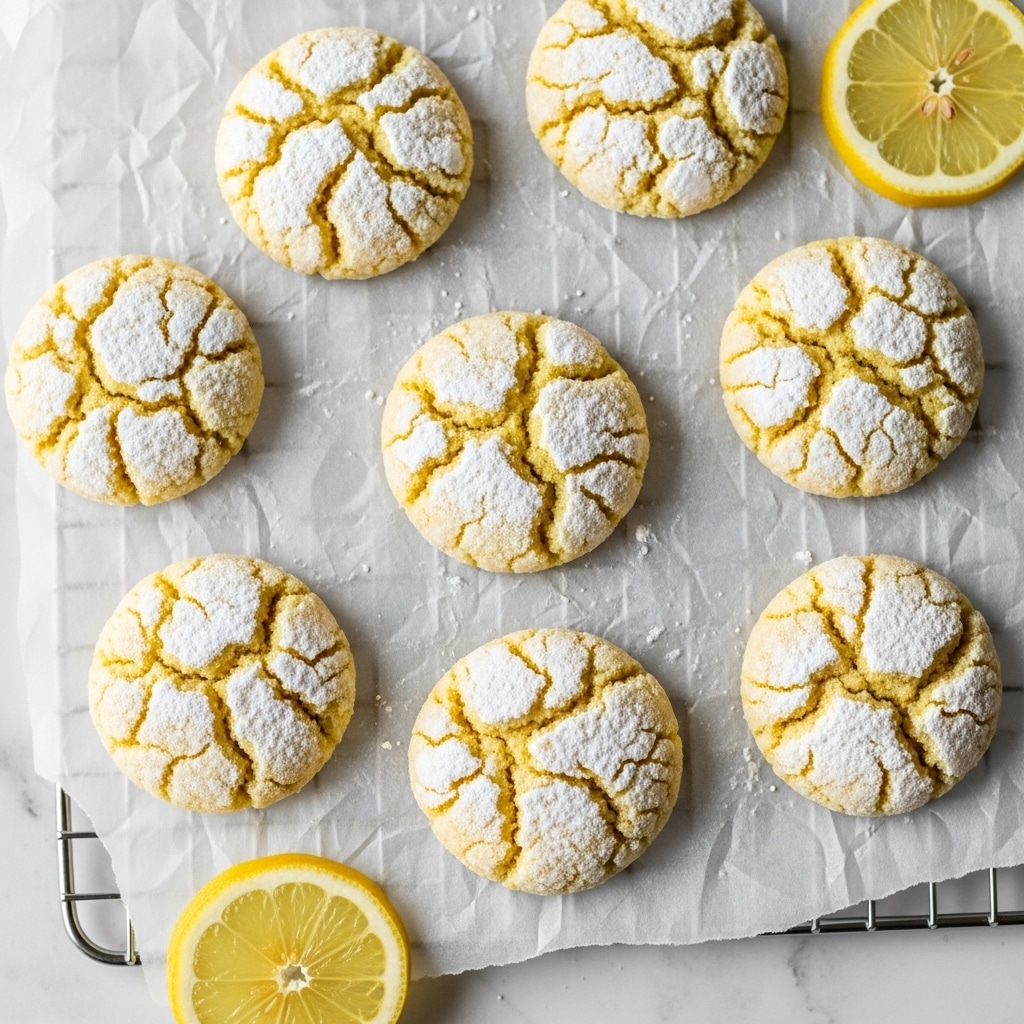 A close-up view of seven round lemon cookies placed in a scattered arrangement on a white marbled surface lined with white parchment paper on a cooling rack, each cookie about one layer thick, showing a pale yellow base texture with a cracked surface covered by an uneven layer of white powdered sugar that highlights the cracks, with two thin slices of bright yellow lemon placed in the top right and bottom left corners for decoration, photo taken with an iphone --ar 4:5 --v 7