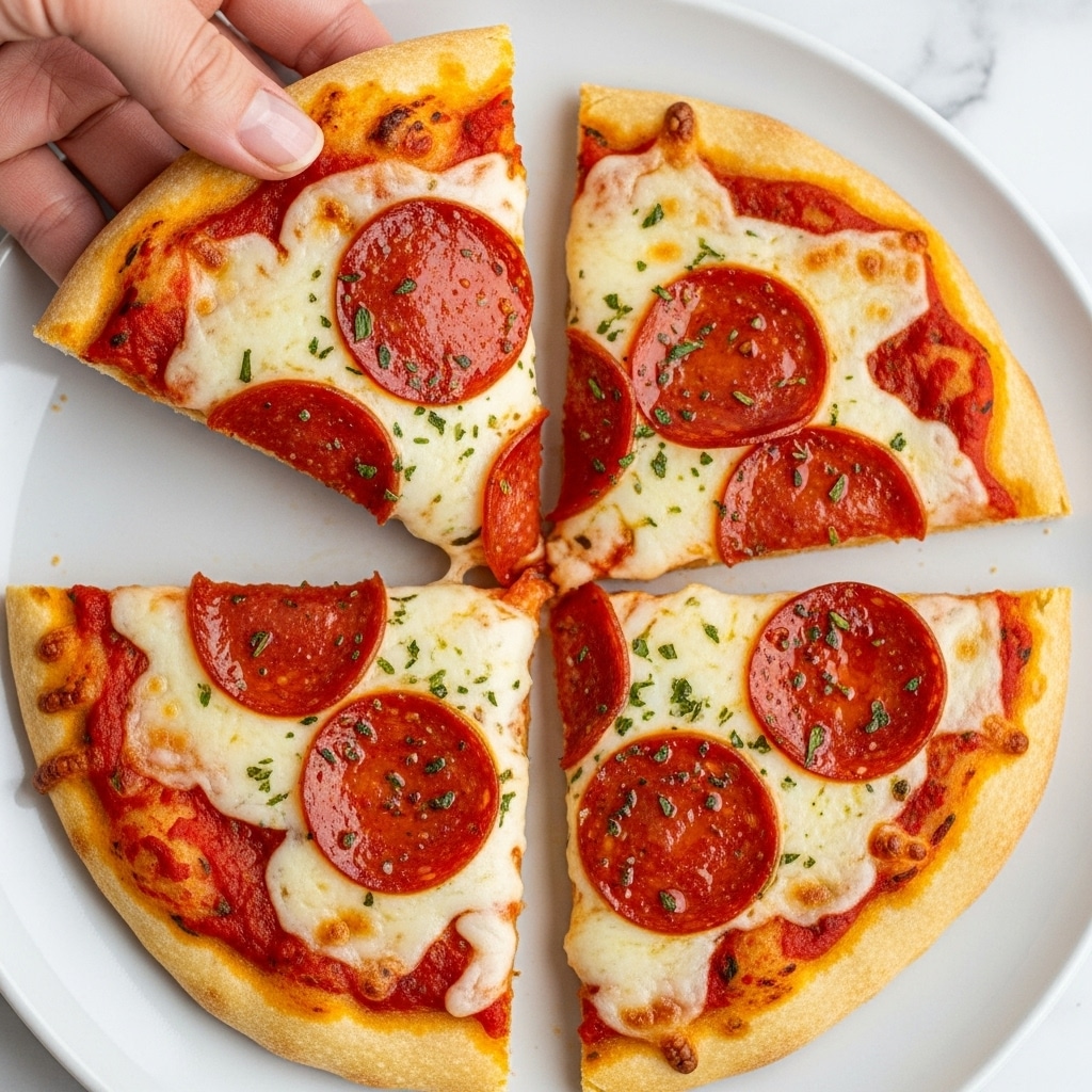A close-up of a small round pizza cut into four slices being held by a woman's hand on the left side. The pizza has three visible layers: a thin golden-brown crust at the bottom, a bright red tomato sauce spread evenly on top, and a layer of melted, bubbly white cheese covering the sauce. Each slice is topped with two to three large, shiny, reddish-brown pepperoni slices sprinkled with small bits of green herbs. The edges of the crust are slightly crispy and browned. The pizza is on a white plate, and the background surface has a white marbled texture. Photo taken with an iphone --ar 4:5 --v 7