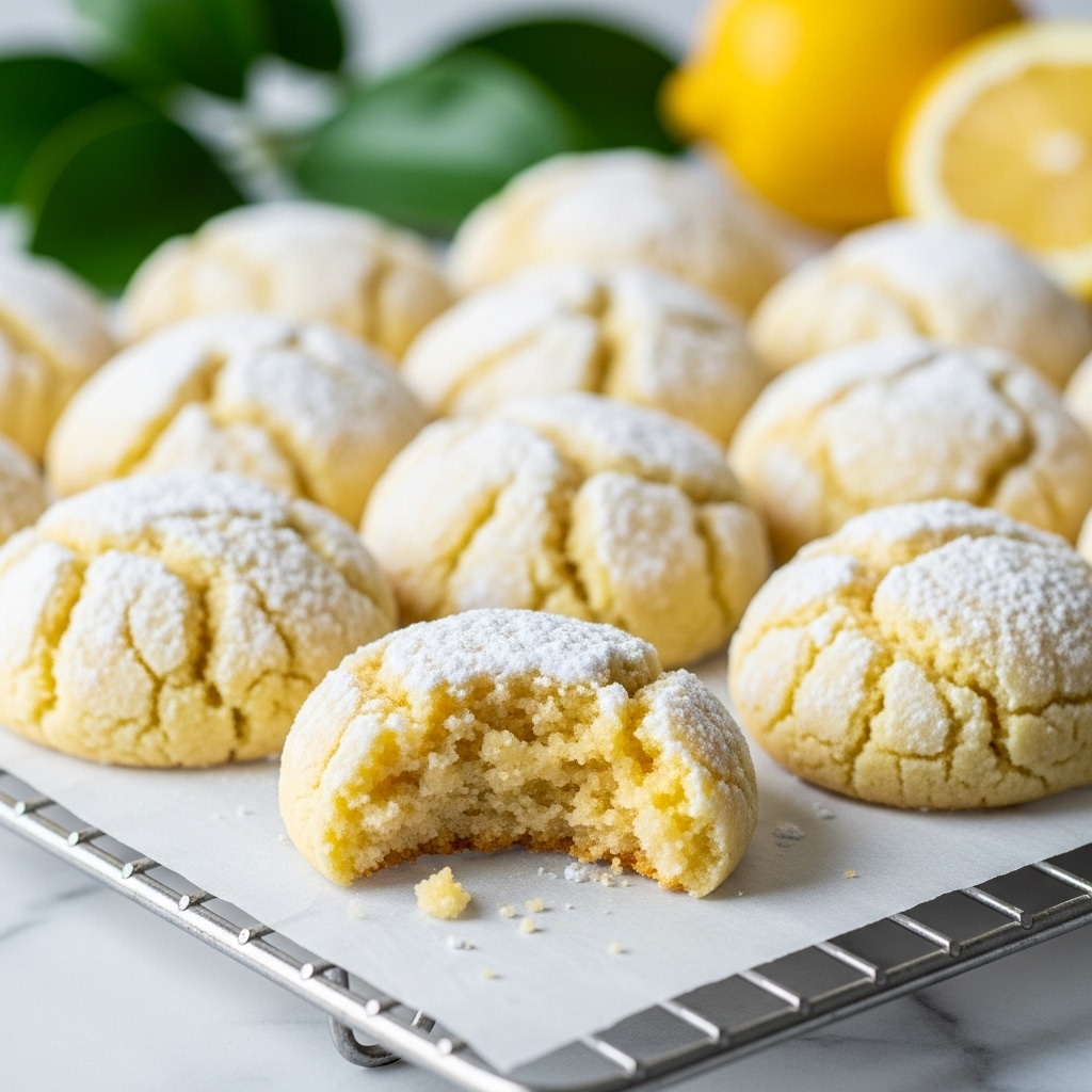 A group of soft, round lemon crinkle cookies with a dusting of white powdered sugar cover their light yellow tops, placed closely on white parchment paper over a metal rack. One cookie in the front is half-eaten, showing its dense, moist, pale yellow inside with a crumbly texture. The background has blurry green leaves and a bright yellow lemon, all set on a white marbled surface. photo taken with an iphone --ar 4:5 --v 7