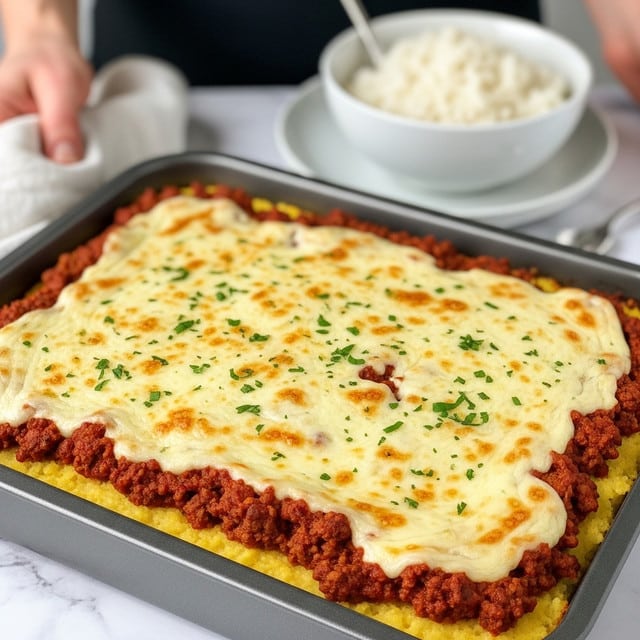 The image shows a rectangular metal baking dish filled with a baked casserole. The bottom layer is a thick yellow base, likely polenta or mashed potatoes, topped with a rich, chunky reddish-brown meat sauce with visible bits of ground meat and tomato. The top layer is a smooth, melted pale golden cheese covering the entire surface, sprinkled lightly with small green herb pieces. In the background, there is a white bowl filled with white rice placed on a white marbled texture, and a woman's hand is holding a white cloth near the dish. The lighting highlights the glossy texture of the melted cheese. Photo taken with an iphone --ar 4:5 --v 7