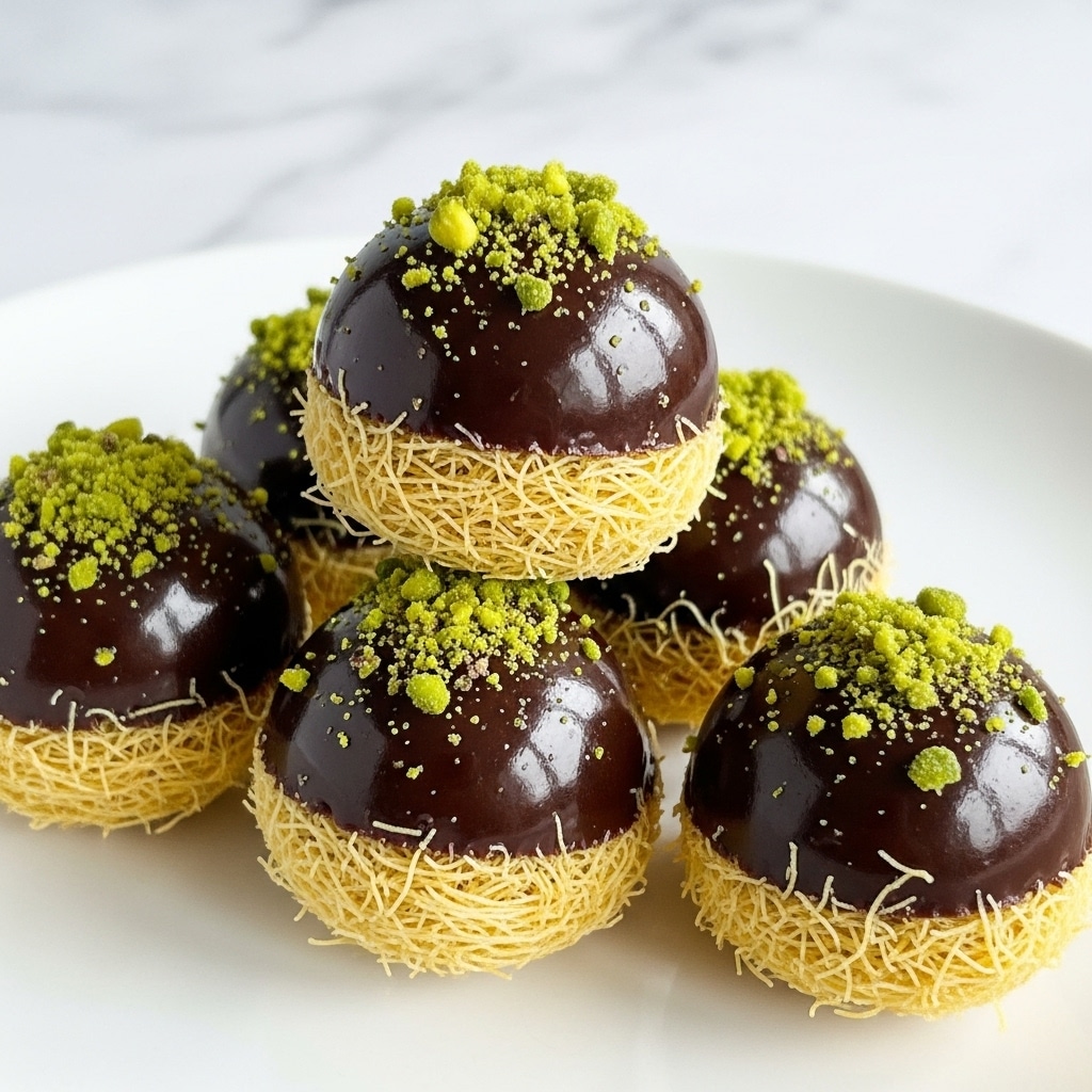 Four round sweets are stacked on a white plate with a white marbled texture underneath. Each sweet has a center layer of green crumbly filling, surrounded by a thick dark brown chocolate layer. Around the chocolate is a rough outer layer made of thin golden strands, giving a textured nest look. On top of each sweet, small pieces of green nuts are sprinkled. One sweet in the front is cut open to show the three layers clearly. The background is dark and blurry, focusing all attention on the sweets. Photo taken with an iphone --ar 4:5 --v 7