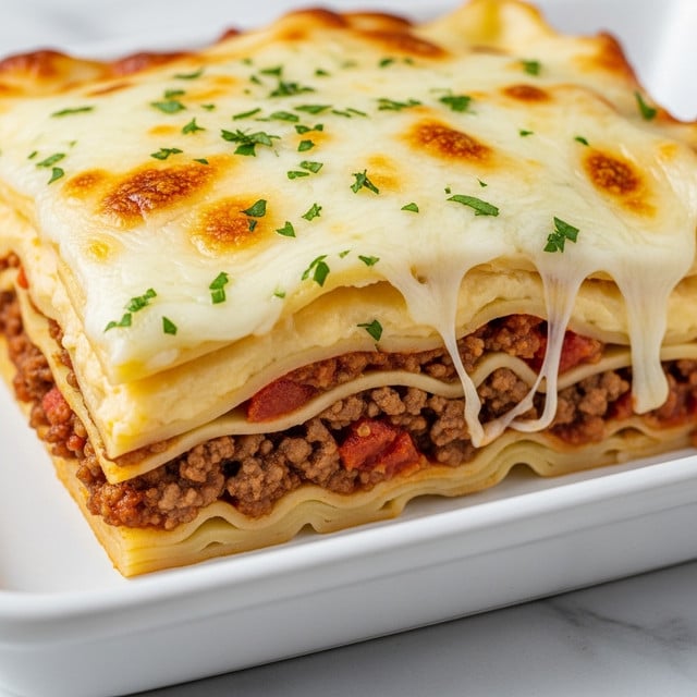 A close-up view of a thick lasagna slice resting on a white rectangular dish, showing five clear layers: at the bottom a light golden pasta sheet, followed by a layer of rich brown cooked ground meat mixed with red tomato bits, then a creamy pale yellow cheese sauce, another pasta sheet, and topped with a bubbling, melted white cheese layer with golden brown spots and small green parsley flakes. The texture of the melted cheese looks soft and stretchy, with some cheese strands pulling from the lasagna slice. The dish is placed on a white marbled surface. Photo taken with an iphone --ar 4:5 --v 7