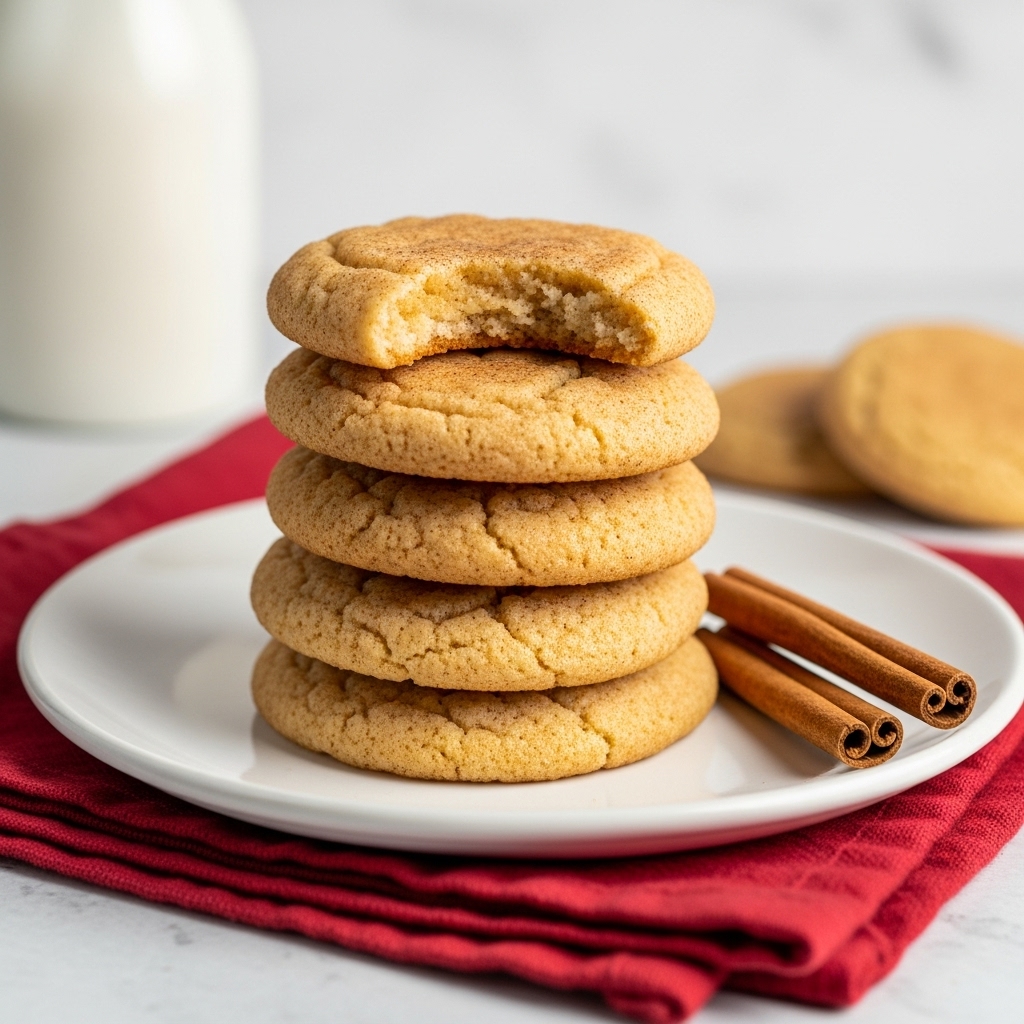A stack of five round, golden-brown cookies with a slightly cracked surface sits in the center of a white plate. The top cookie has a small bite taken from it, showing a soft, light interior. Next to the stack, there are three whole cinnamon sticks arranged on the plate. The plate rests on a textured red cloth that contrasts with the white marbled texture underneath. In the background, there is a blurry white bottle and another cookie to the side. Photo taken with an iphone --ar 4:5 --v 7