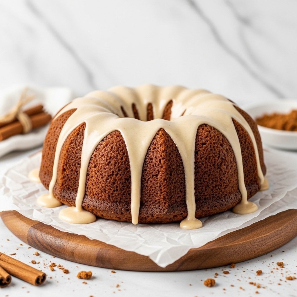 The image shows a close-up of a tall, round pumpkin cake with one slice being lifted by a metallic cake server, revealing its moist, dense, orange-brown inside. The cake is covered with a smooth, creamy white frosting that drapes over the top and slightly down the sides, with some crumb topping sprinkled on the frosting. The cake sits on a wooden board placed on a white marbled surface, with a blurred background showing warm tones and a hint of cinnamon sticks and a pumpkin. Photo taken with an iphone --ar 4:5 --v 7