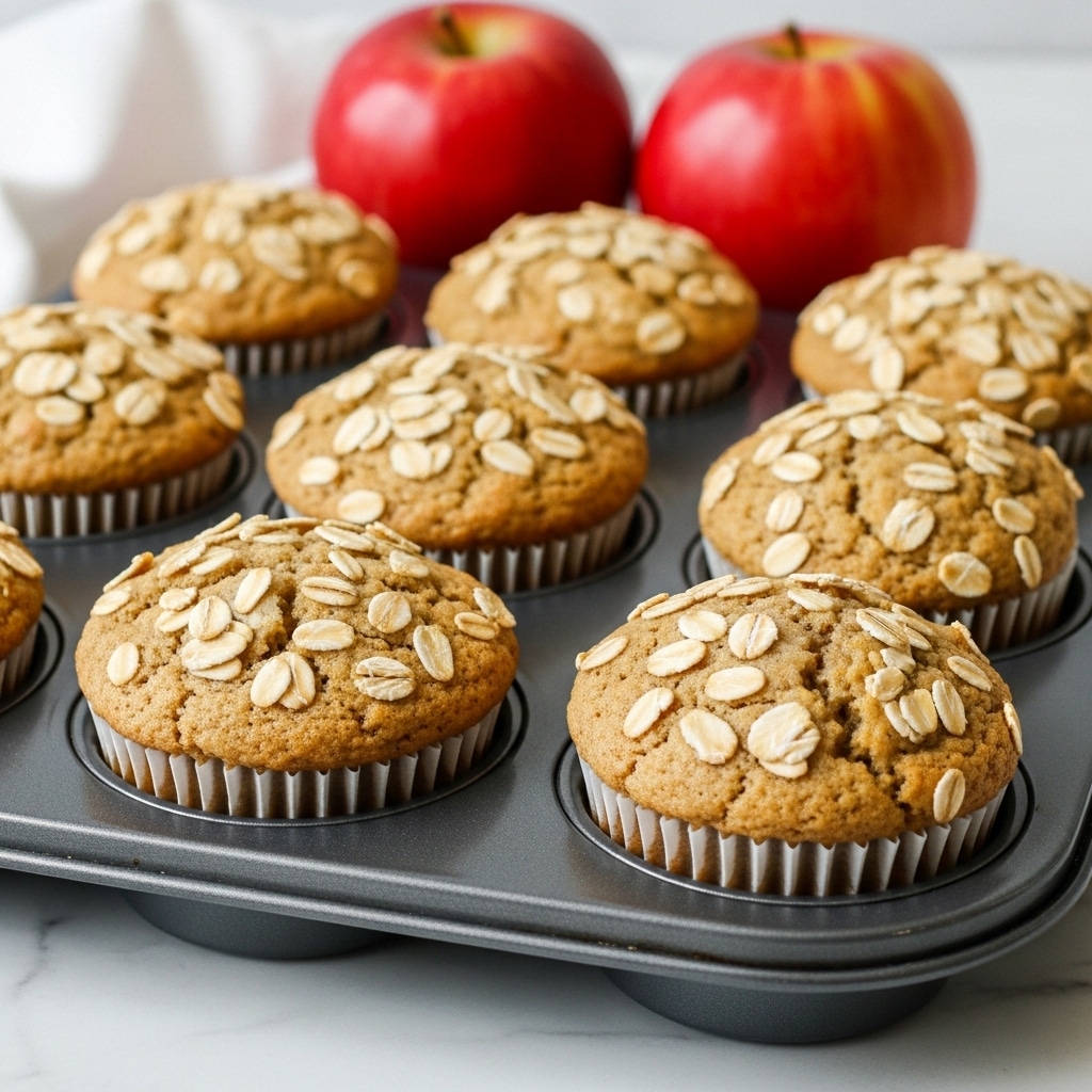 A close-up view of nine golden brown muffins in white paper liners, sitting in a dark gray muffin tray. Each muffin is topped with pale cream oat flakes that add a rough texture and a fresh, crunchy look. The muffins have a slightly bumpy surface with small uneven cracks, showing their soft, moist inside. The tray rests on a white marbled surface. In the background, two bright red apples are slightly out of focus, adding a fresh pop of color. A white cloth is partially visible, giving a soft contrast to the setup. Photo taken with an iphone --ar 4:5 --v 7