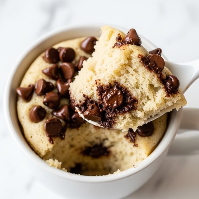 A close-up image of a white mug filled with soft, light beige cake topped with melted, dark brown chocolate chips visible on the surface and inside the piece scooped by a white spoon. The texture of the cake looks moist and fluffy, with some slightly browned spots on the chocolate chips. The background is a white marbled texture, adding a clean and bright look to the image. Photo taken with an iphone --ar 4:5 --v 7