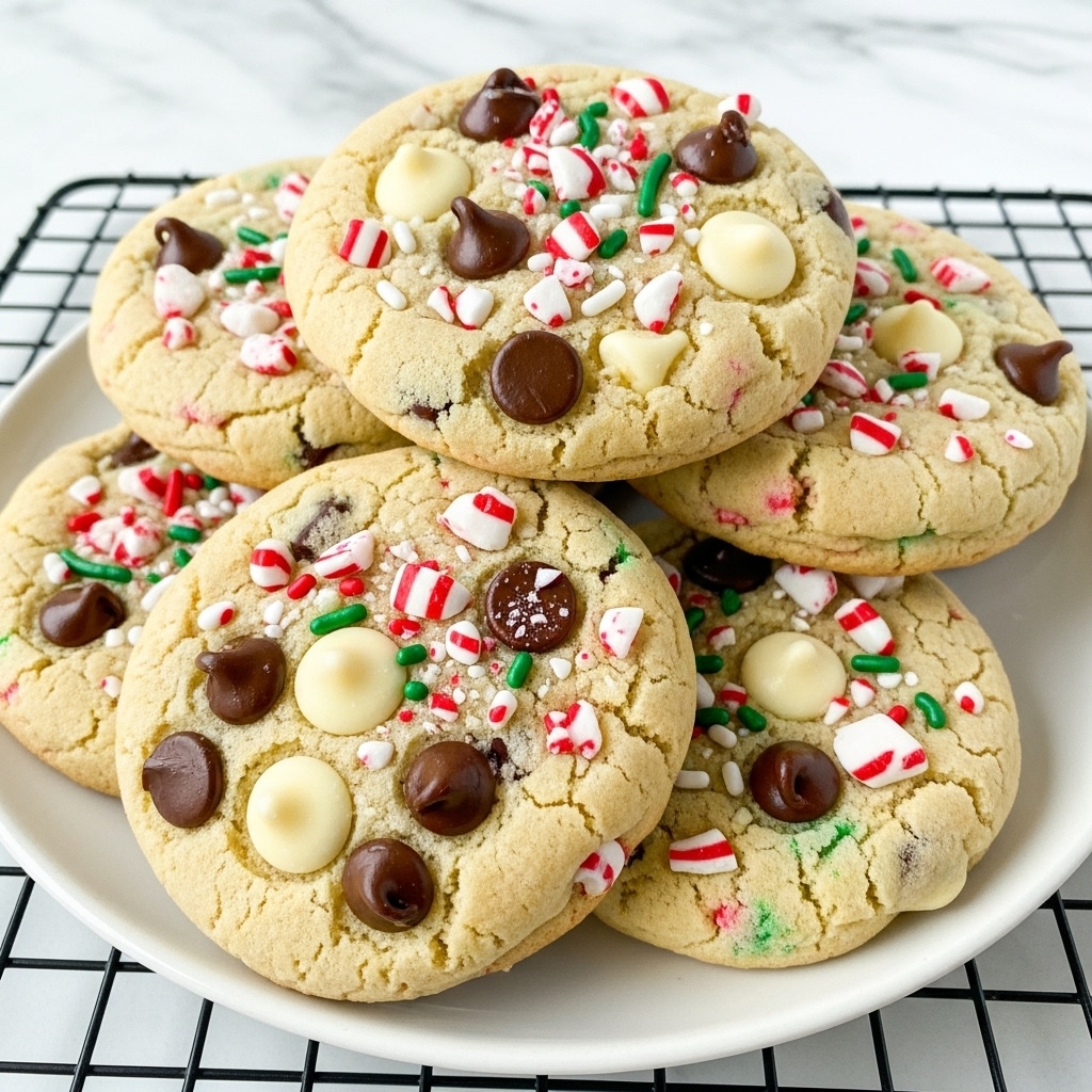 A stack of six thick, soft cookies is shown on a white plate, each cookie filled with red, green, and white chocolate chips, along with dark chocolate chips scattered throughout. The cookies have a light golden-brown base with a slightly crumbly texture and appear soft inside. The top cookie is broken in half, revealing a moist, tender interior with melty chocolate chips. Powdered sugar is sprinkled lightly over the cookies, adding a snowy effect. The background features blurred warm yellow lights on a white marbled texture. photo taken with an iphone --ar 4:5 --v 7