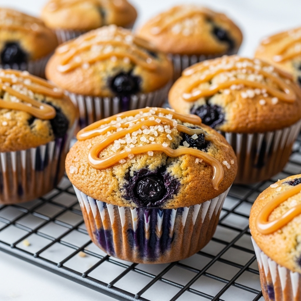 A close-up view of several blueberry muffins lined up on a black cooling rack over a white marbled background, each muffin has a golden-brown top with visible dark blue blueberries embedded, topped with a light caramel-colored drizzle in curvy lines and sprinkled with coarse sugar crystals that add texture and sparkle. The muffin liners are white with purple-blue streaks, showing hints of the blueberry batter inside. The scene has a soft-focus effect on the background muffins, highlighting the front muffin's moist and crumbly texture. photo taken with an iphone --ar 4:5 --v 7