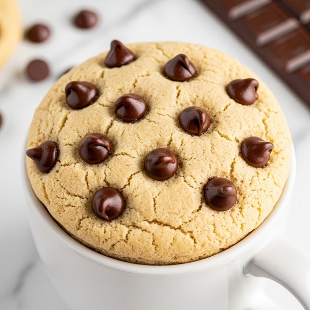 A close-up view of a light tan cookie baked in a white mug, dotted with around ten glossy dark brown chocolate chips spread across the top surface. The cookie edges touch the sides of the mug, showing a soft and slightly crumbly texture. The mug is placed on a white marbled surface with blurred chocolate chips and a bar of chocolate in the background. Photo taken with an iphone --ar 4:5 --v 7