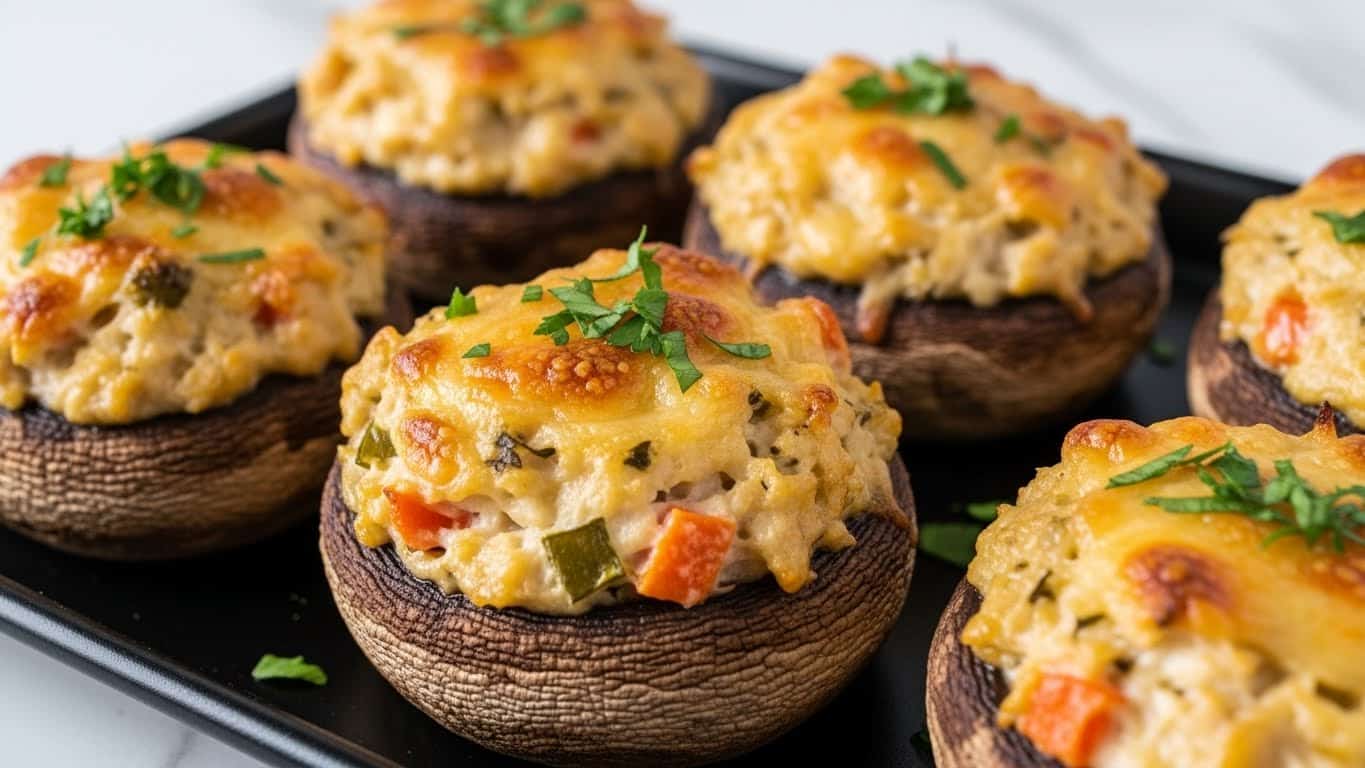 The image shows four stuffed mushrooms placed closely together on a dark tray. Each mushroom has a textured, dark brown outer cap forming the base layer. On top, there is a thick, creamy filling that is golden-brown with melted cheese visible, giving it a slightly crispy surface. The filling contains small pieces of orange and green elements, likely vegetables or herbs, and is garnished with fresh green chopped herbs sprinkled on top. The background surface is a white marbled texture. Photo taken with an iphone --ar 4:5 --v 7
