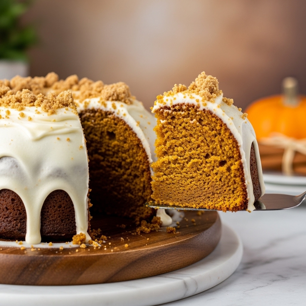 A single-layer bundt cake with a golden brown, slightly rough texture sits on a round wooden board lined with parchment paper. The cake is topped with a thick, creamy beige glaze that drips unevenly down the sides, giving a soft, smooth contrast to the cake's crumbly surface. The background features a white marbled texture with cinnamon sticks and crumbs scattered nearby, adding a warm, cozy feel to the scene. photo taken with an iphone --ar 4:5 --v 7