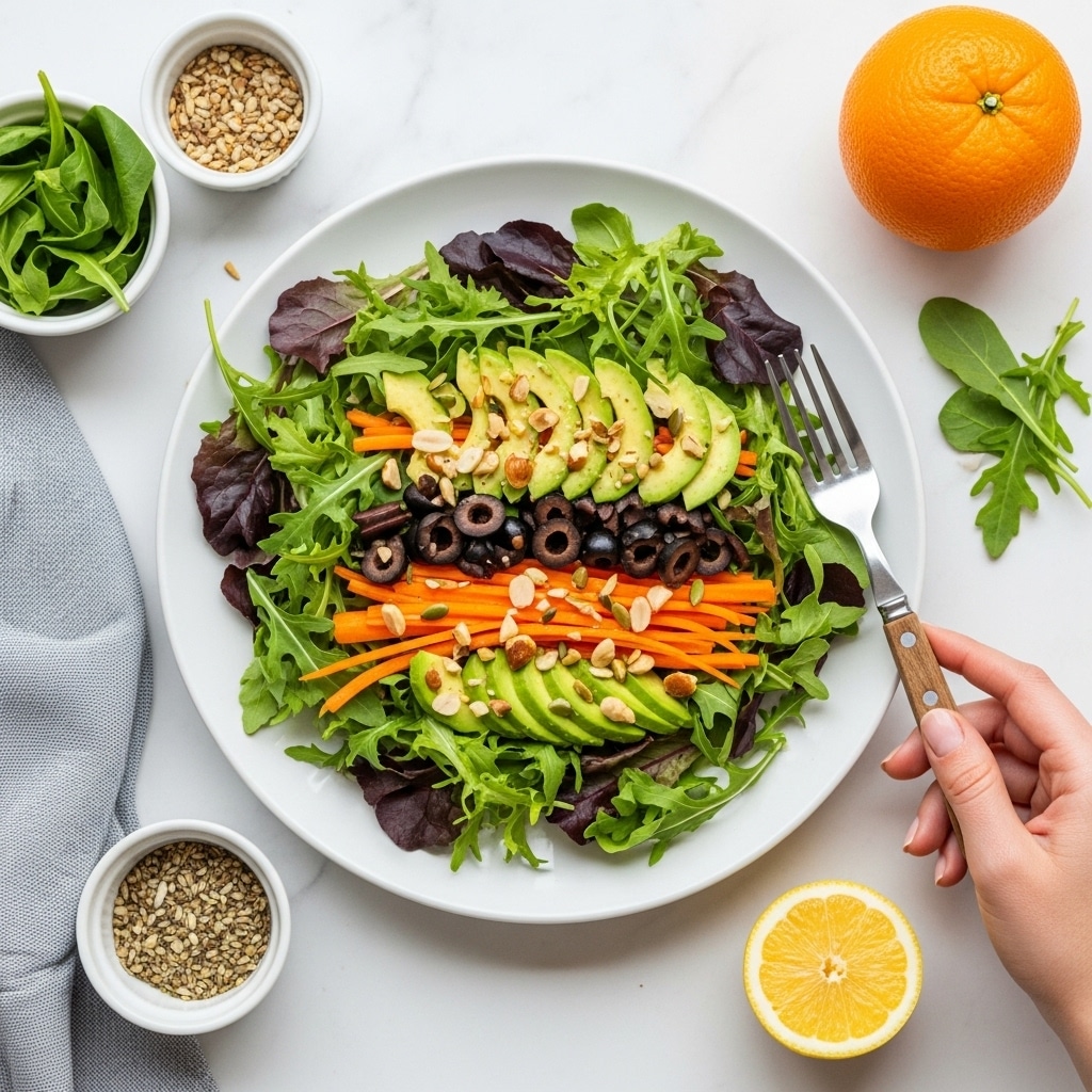 A white plate on a white marbled surface holds a fresh salad with several layers: the base is a mix of light and dark green leafy lettuce, topped with thin carrot slices, small black olive pieces, and light green avocado chunks. There are small nuts sprinkled across the top. Around the plate, there is a cut lemon half on the bottom right, a whole orange on the top right, and small bowls with seeds and leafy greens. A woman's hand holds a fork with a wooden handle on the right side of the plate. Photo taken with an iphone --ar 4:5 --v 7