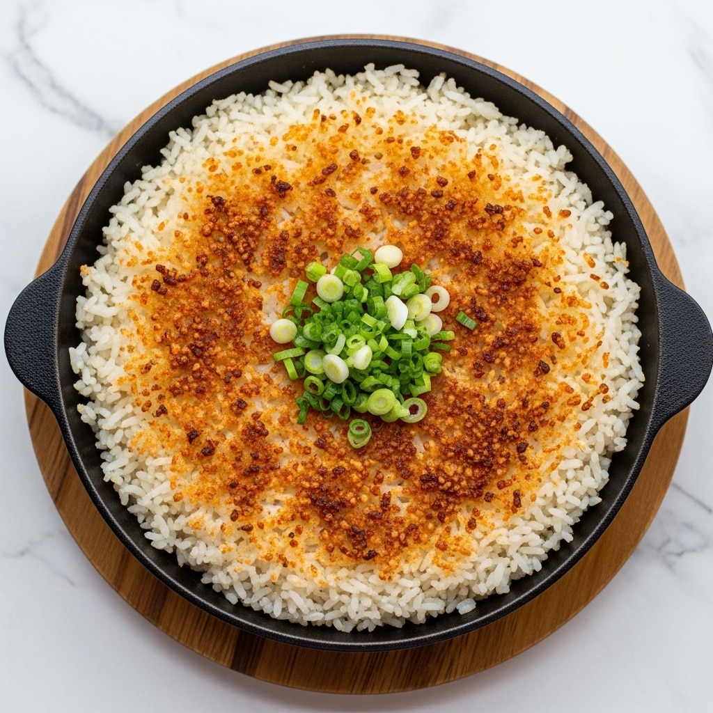 A round cast iron pan filled with crispy rice that has a golden brown crust on top, covering a layer of soft, fluffy white rice beneath. In the center, there is a small pile of chopped green onions, adding a fresh green color contrast to the warm tones of the rice. The pan is placed on a wooden board, set against a white marbled surface background. photo taken with an iphone --ar 4:5 --v 7