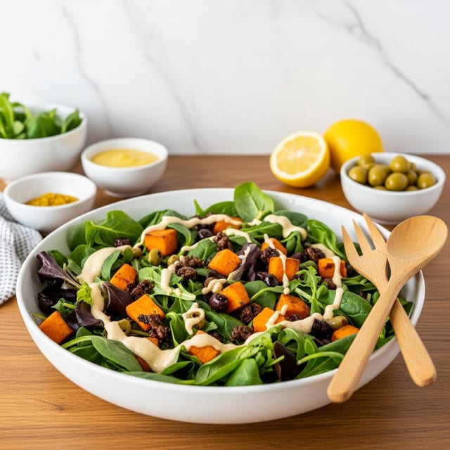 A large white bowl sits on a wooden table filled with a fresh salad made of mixed green leaves, bright orange cubes of roasted sweet potatoes, and small dark brown pieces that contrast well with the greens. There is a drizzle of creamy light dressing spread over the top, adding a soft texture to the crispy salad. Around the bowl, there are small bowls of extra ingredients like yellow sauce, lemon halves, and green olives placed in a casual but neat way. Wooden utensils, including a fork and a spoon, lie on the right side of the bowl. The background is a clean white marbled texture, giving a fresh and bright look to the scene. Photo taken with an iphone --ar 4:5 --v 7