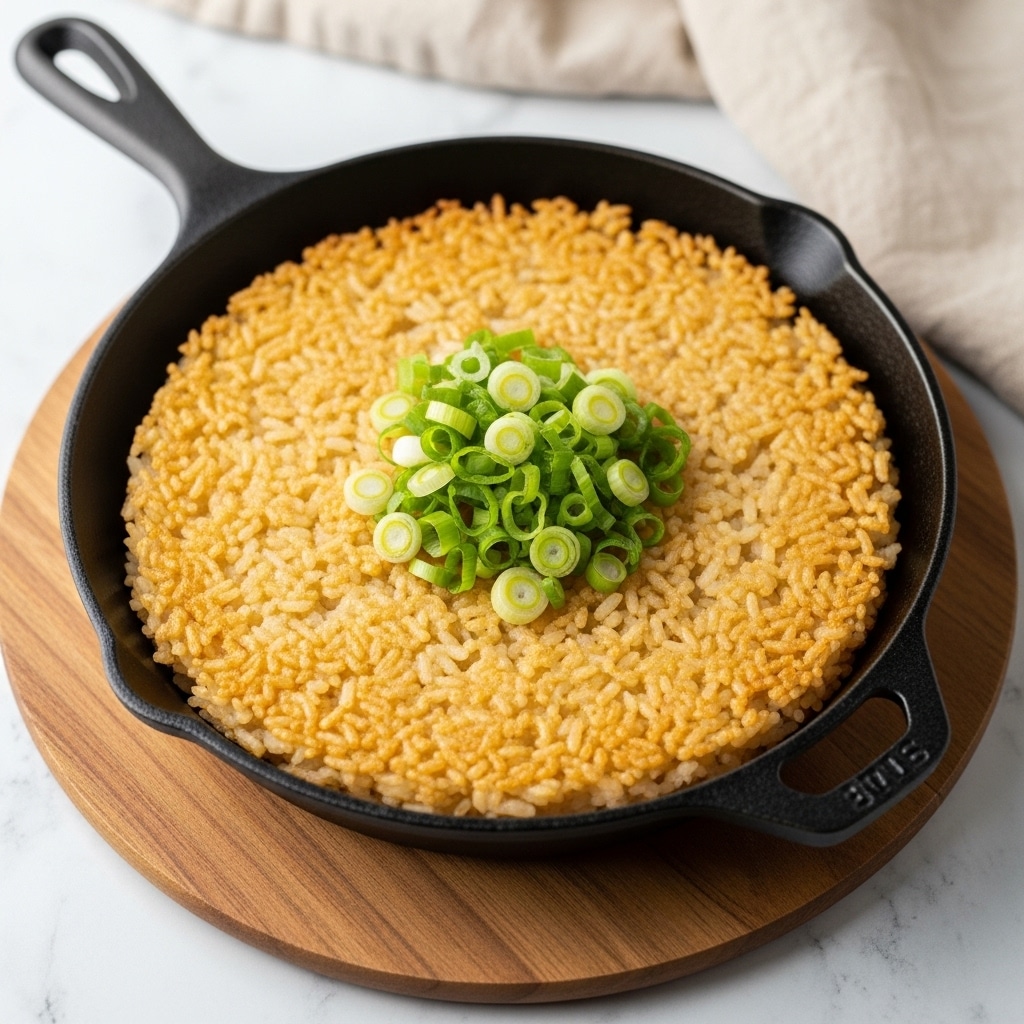 A black cast iron pan filled with a single thick layer of golden brown rice cooked to a slight crisp, topped in the center with a small pile of fresh bright green sliced scallions, all placed on a round wooden board over a white marbled surface with a beige cloth in the background. photo taken with an iphone --ar 4:5 --v 7