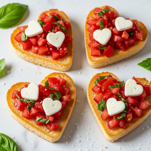 The image shows four heart-shaped toasted bread slices on a white marbled surface. Each toast is topped with a layer of bright red diced tomatoes mixed with small green basil pieces, giving a fresh, colorful look. On top of the tomato layer, there are small white heart-shaped pieces of cheese scattered evenly. The toasts have a golden-brown crisp texture around the edges and the cheese looks slightly soft and fresh. A few green basil leaves and scattered grains of salt are visible around the toasts on the surface. photo taken with an iphone --ar 4:5 --v 7