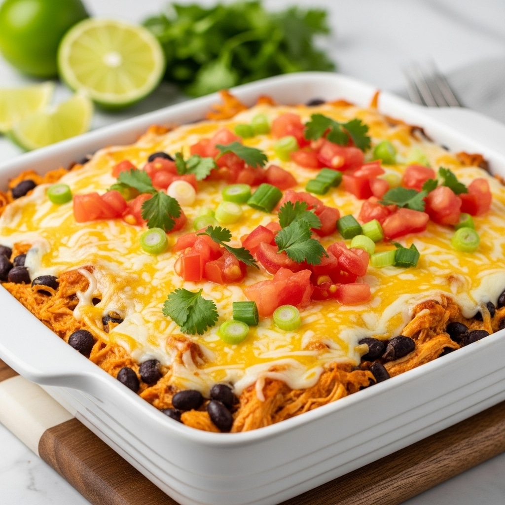 A white rectangular casserole dish filled with a baked layered dish, starting with a base layer of light orange shredded chicken mixed with black beans, topped with a thick layer of melted yellow and white cheese that covers the entire surface. On top, diced red tomatoes, chopped green onions, and sprinkled fresh green cilantro add bright pops of color. The dish rests on a wooden board placed on a white marbled surface, with some lime wedges and cilantro in soft focus in the background. Photo taken with an iphone --ar 4:5 --v 7