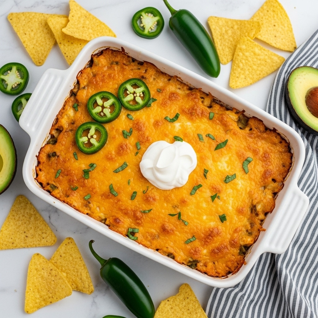 A white rectangular casserole dish filled with baked dip that has a golden-brown cheese layer on top. There are three round slices of green jalapeño peppers placed near one edge. In the center, a dollop of white sour cream sits on the cheese. Small green herb pieces are sprinkled over the dish. Around the casserole, there are scattered yellow tortilla chips, some green jalapeños, and a halved avocado on a white marbled surface, with a striped cloth partly visible on the side. photo taken with an iphone --ar 4:5 --v 7