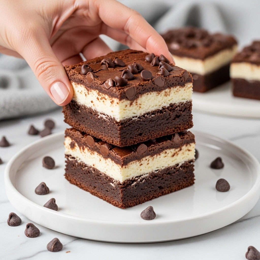 The image shows two thick, square brownies stacked on a round white plate, each brownie with three visible layers: a bottom dark brown chocolate layer that looks dense and moist, a middle creamy white layer that contrasts softly with the chocolate, and a top slightly cracked chocolate layer with melted chocolate chips scattered on it. A woman's hand is holding one brownie piece, showing its texture. Some chocolate chips are also placed around the plate, all set on a white marbled surface with a soft, cozy background. photo taken with an iphone --ar 4:5 --v 7