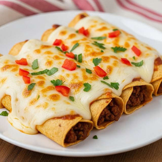 The image shows a white plate holding four rolled enchiladas placed side by side. Each enchilada is filled with seasoned ground meat and topped with a thick layer of melted cheese that is creamy white with some golden brown spots. Small diced red peppers and chopped green herbs are sprinkled over the cheese, adding bright color. The plate sits on a wooden surface with a soft red striped cloth in the background. The overall look is warm and inviting, with a focus on the creamy, cheesy texture covering the enchiladas. photo taken with an iphone --ar 4:5 --v 7