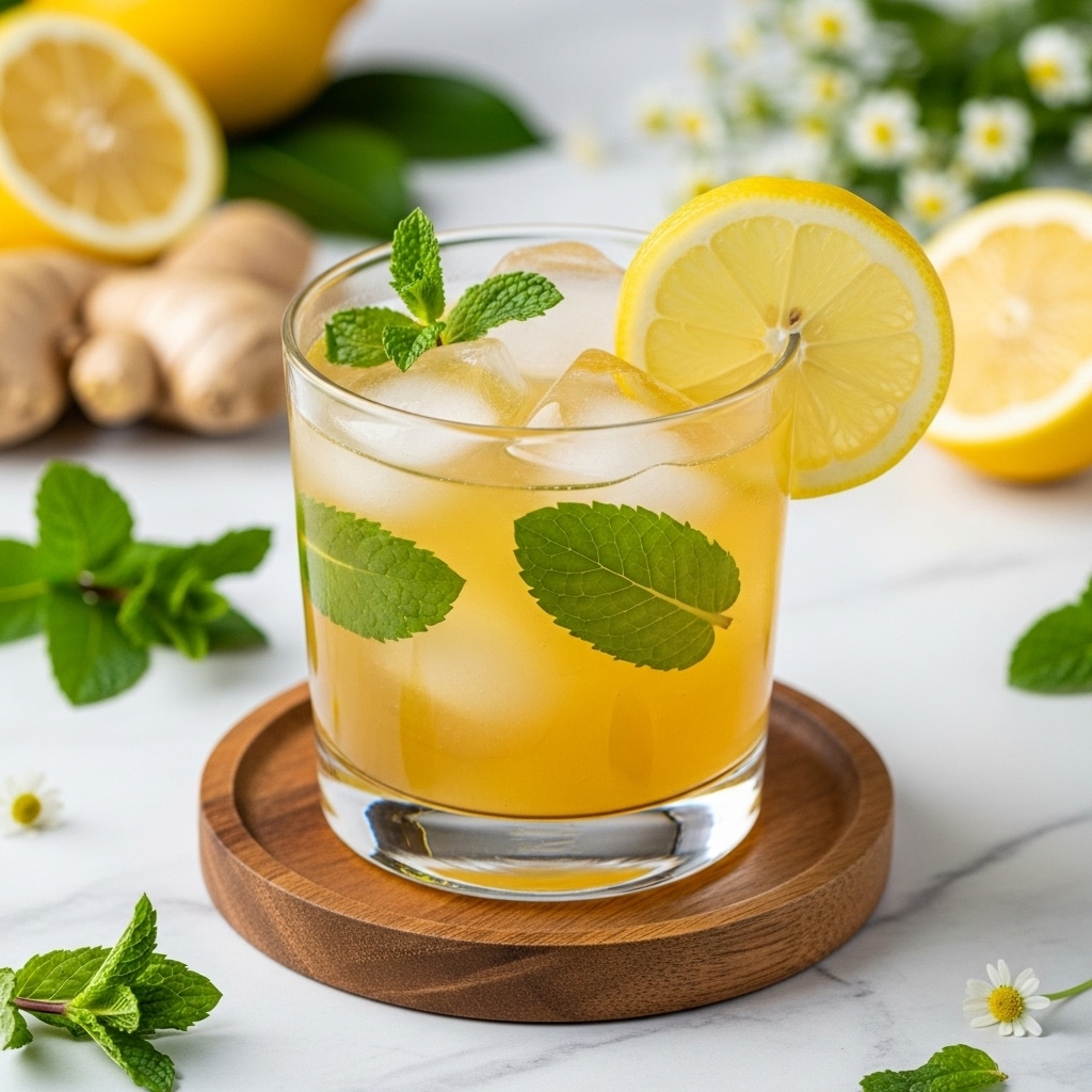 A clear short glass filled with a golden yellow iced drink sits on a round wooden coaster. Inside the drink, several green mint leaves float among large ice cubes. A bright yellow lemon wedge rests on the glass rim. The scene is set on a white marbled surface, with blurred lemons and fresh ginger root in the soft background, along with scattered green leaves and small white flowers. Photo taken with an iphone --ar 4:5 --v 7