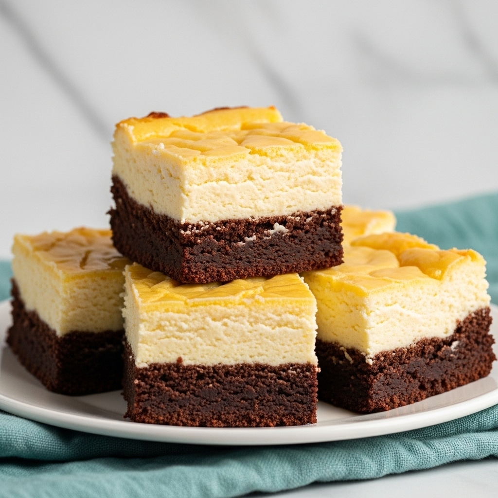 A stack of square dessert bars with two visible layers placed on a white plate; the bottom layer is dark brown, dense, and fudgy with a rich chocolate texture, while the top layer is creamy and pale yellow, smooth with slight cracks, resembling cheesecake. The layers blend slightly where they meet, and the top has a crinkled, cracked surface with a glossy finish. The plate sits on a soft teal cloth, and the background is a white marbled texture. Photo taken with an iphone --ar 4:5 --v 7