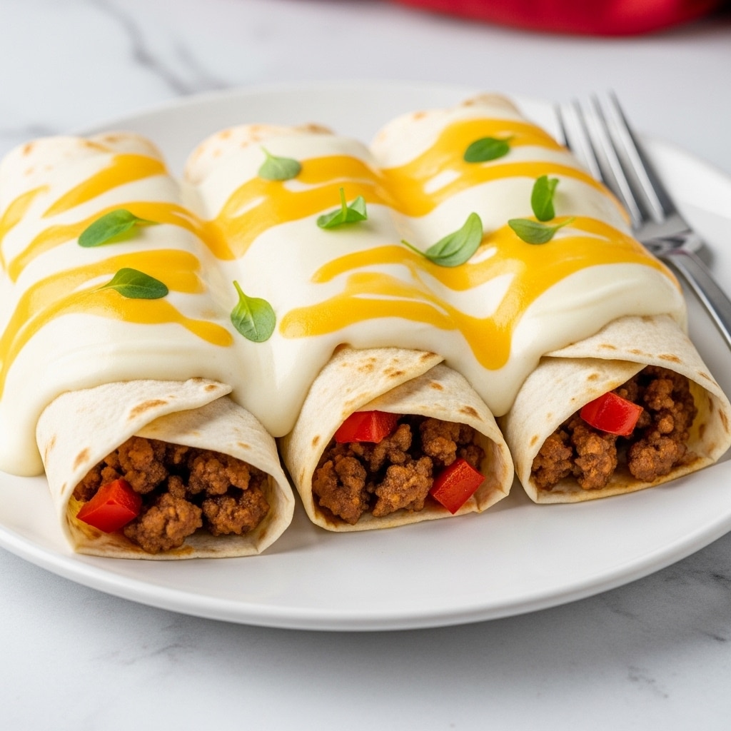 Three rolled tortillas are placed side by side on a white plate. Each tortilla is filled with a mixture of cooked ground meat and small pieces of red bell pepper. The tortillas are covered evenly with a thick layer of melted white and yellow cheese sauce, which has a smooth and creamy texture. Small green herb leaves are sprinkled on top, adding a fresh touch. A silver fork rests near the edge of the plate. The background shows a white marbled surface with a blurred red cloth. Photo taken with an iphone --ar 4:5 --v 7