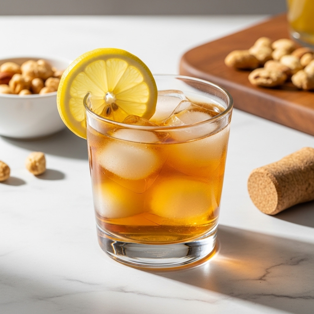 The image shows a clear, short glass filled with golden brown iced tea and large, clear ice cubes. A bright yellow lemon slice is placed on the rim of the glass. The glass sits on a white marbled surface with soft natural light coming from the left. Nearby, there is a small white bowl with light brown nuts inside and a wooden cutting board in the background with more nuts. A cork stopper lies on the right side of the frame. The scene has a clean, warm, and fresh feel. Photo taken with an iphone --ar 4:5 --v 7