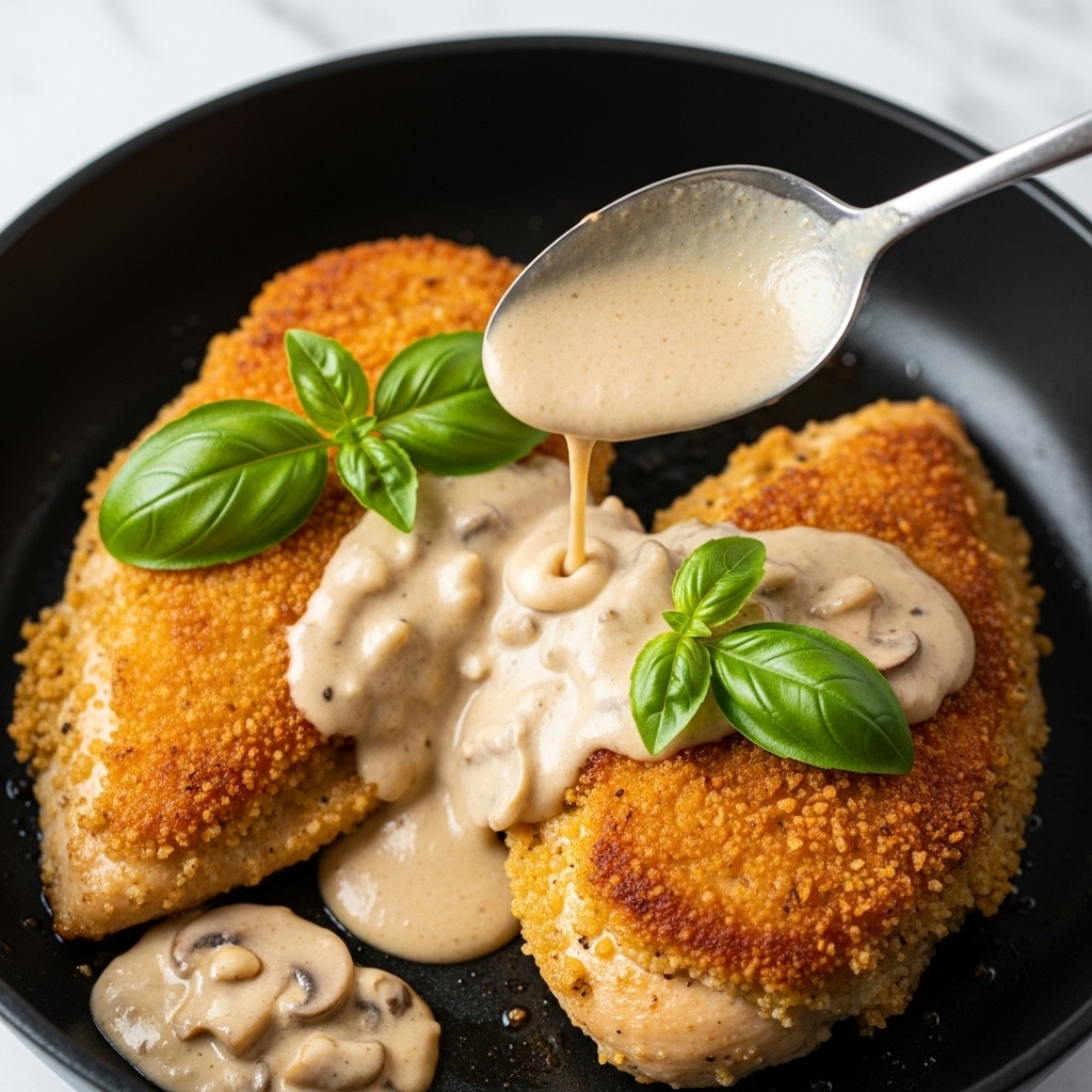 The image shows a close-up of two thick pieces of cooked chicken with a crispy, golden-brown crust inside a black pan. The chicken is partly covered with a creamy, light beige sauce that has a smooth texture and small bits of mushrooms. Bright green basil leaves are placed on top of the chicken, adding contrast. A silver spoon is gently pouring the sauce over the chicken. The background is a white marbled texture. Photo taken with an iphone --ar 4:5 --v 7