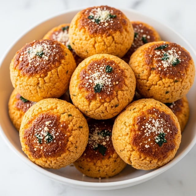 This image shows a close-up of a white bowl filled with six round gnocchi pieces that are golden brown on top with a slightly crispy texture. Each gnocchi is sprinkled with grated cheese and small bits of dried herbs that add a bit of black and white contrast. The gnocchi rest in a light sauce at the bottom of the bowl, giving a moist look to the base. The background features a white marbled texture surface that softly blends with the clean white bowl. photo taken with an iphone --ar 4:5 --v 7