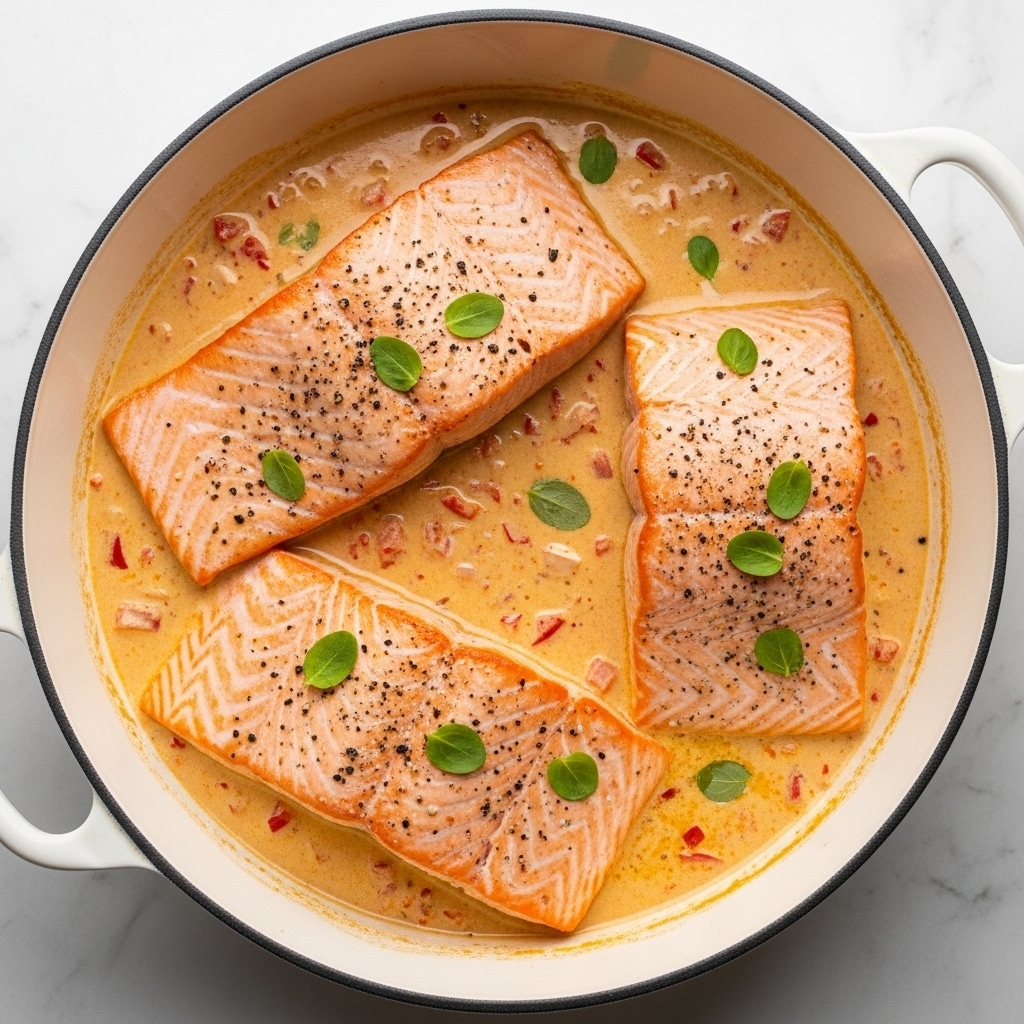There is a white pot filled with a creamy, light orange sauce with small red bits. Inside the sauce are three large pieces of cooked salmon, each showing a light pink and orange color with black pepper and small green herb leaves sprinkled on top. The salmon pieces have a slightly golden, grilled look with clear lines and texture of the fish. The pot is placed on a white marbled surface. Photo taken with an iphone --ar 4:5 --v 7