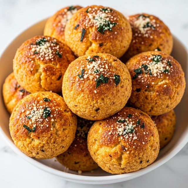 The image shows a white bowl filled with approximately eight round, golden brown baked cheese balls. Each ball has a soft, crumbly texture with a slightly crispy, browned surface. They are topped with a light sprinkle of grated cheese and small bits of dark green herbs scattered unevenly over the top. The bowl is placed on a white marbled surface, and the cheese balls are stacked closely together, showing a warm, inviting appearance. photo taken with an iphone --ar 4:5 --v 7