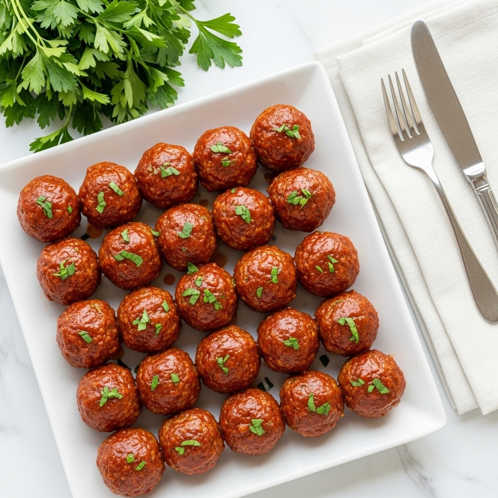 The image shows a white rectangular plate with about twenty small round meatballs covered in a shiny red sauce, arranged closely together in a neat pattern. The meatballs have a slightly textured surface from the sauce, and small bits of green herbs are sprinkled on top and around them. The plate is set on a white marbled surface with a silver fork and knife placed on a folded white napkin to the right side. In the upper left corner, there is a bunch of fresh green parsley. The lighting highlights the glossy sauce and the fresh herbs well. Photo taken with an iphone --ar 4:5 --v 7