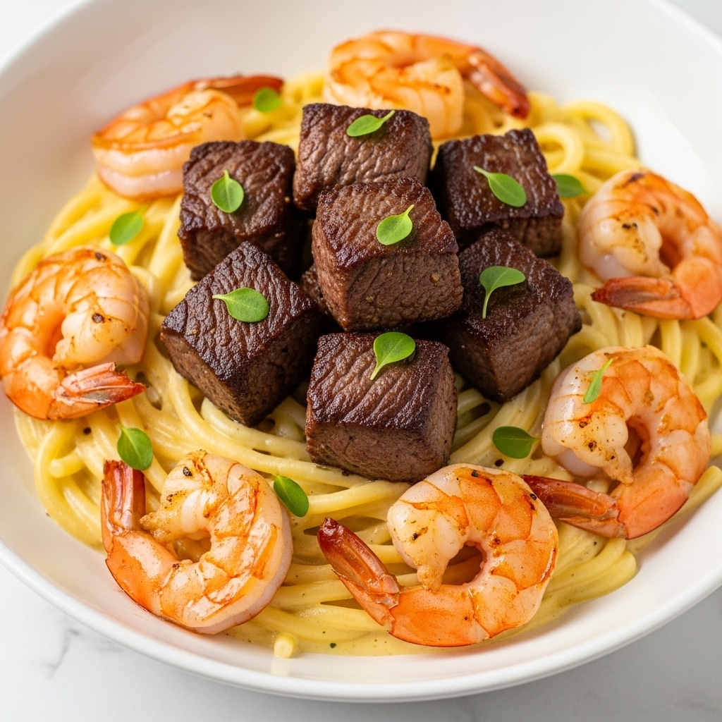 A close-up image shows a dish with a base layer of creamy pasta in pale yellow, covered in a smooth sauce. On top, several small, browned steak cubes with a slightly crispy texture are arranged in the center. Scattered around the steak are cooked shrimp, pinkish with light grill marks and a glossy surface. Small green herb pieces are sprinkled throughout the dish, adding a touch of color. The food is served in a white bowl on a white marbled texture surface. photo taken with an iphone --ar 4:5 --v 7