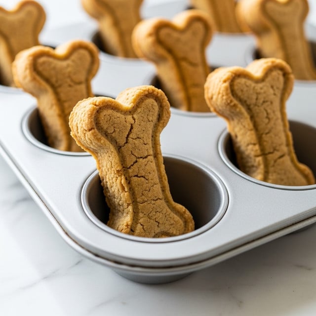 The image shows a close-up of several bone-shaped baked treats sitting neatly inside a silver-colored metal muffin baking tray on a white marbled texture surface. Each cookie is golden-brown in color with a slightly rough texture and clearly defined edges, highlighting the bone shape. The treats are placed in individual circular slots of the tray, and the background is softly blurred to keep the focus on the baked cookies. Natural light softly illuminates the scene, casting gentle shadows around the treats for depth. photo taken with an iphone --ar 4:5 --v 7