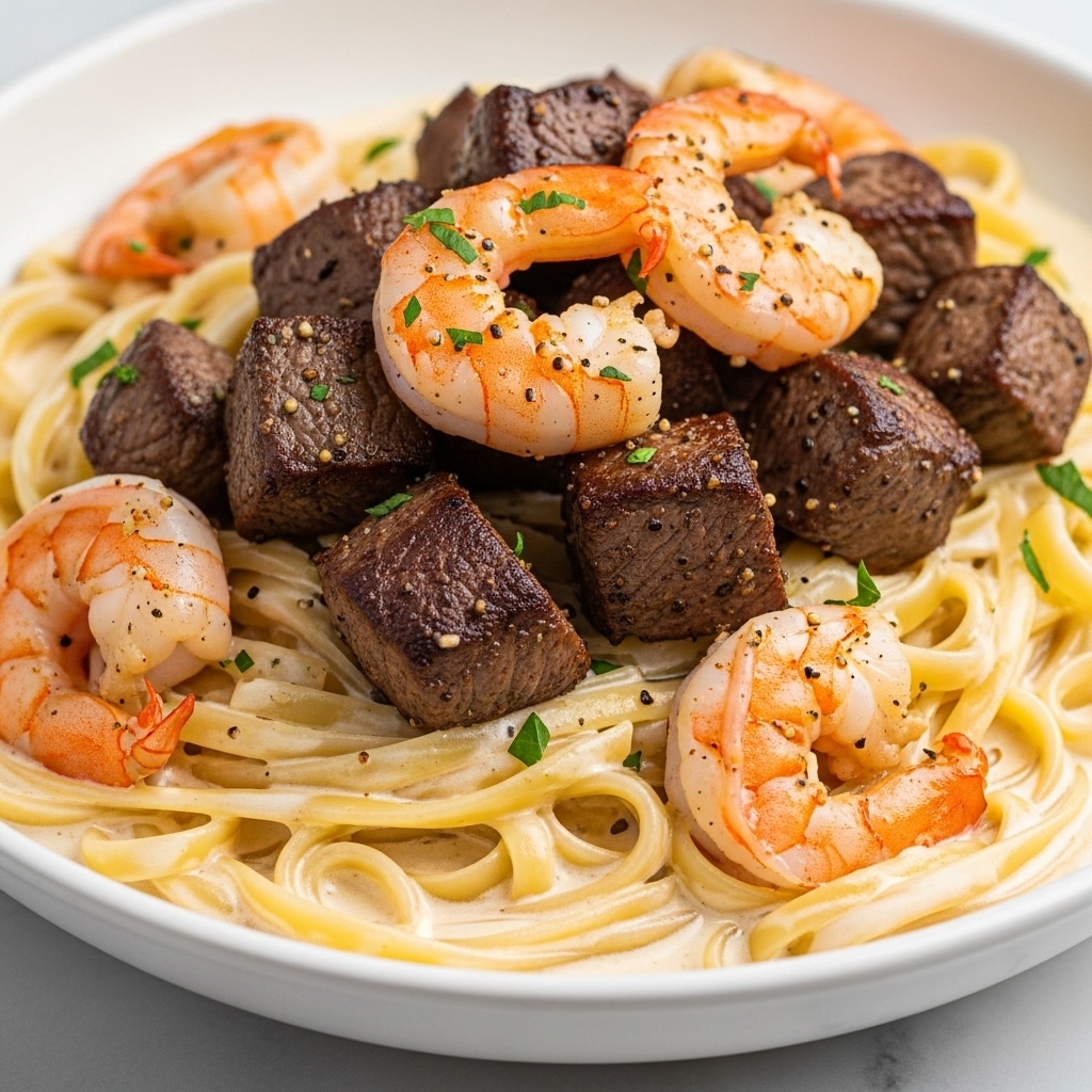 A close-up view of a creamy pasta dish with three main layers: the bottom layer is a bed of smooth, pale yellow fettuccine coated in a rich, white cream sauce; on top are medium-sized, browned steak cubes with a slightly crispy texture; scattered among the steak pieces are curled, pink-orange shrimp with specks of black pepper and small green herb bits. The dish is served in a white bowl set on a white marbled surface. photo taken with an iphone --ar 4:5 --v 7