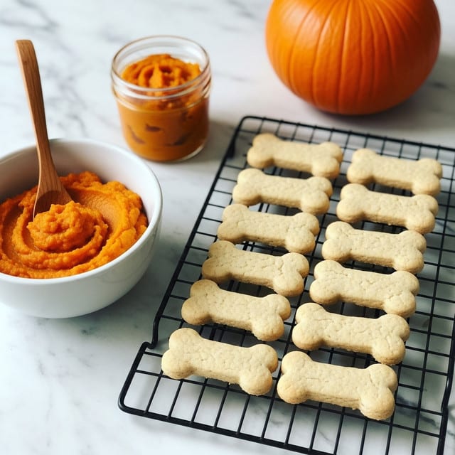 The image shows eight light tan bone-shaped cookies arranged neatly on a black cooling rack set on a white marbled surface. To the left, there is a white bowl filled with smooth orange pumpkin puree, with a wooden spoon resting inside it. Next to the bowl, there's a small glass jar also filled with the same pumpkin puree, placed under a warm light that highlights the creamy texture. In the background to the right, a whole pumpkin sits on the same white marbled surface, adding an autumn feel to the scene. photo taken with an iphone --ar 4:5 --v 7