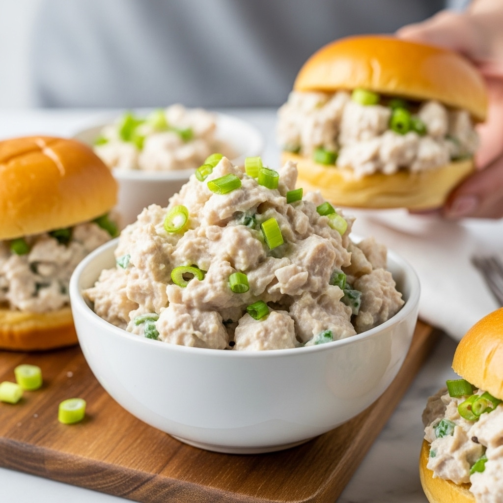 A small white bowl filled with a creamy chicken salad that has a soft beige color mixed with small green pieces of chopped green onions on top and inside the salad. The chicken salad is chunky with clear pieces of chicken mixed with a smooth sauce. The bowl sits on a wooden board, with a white marbled surface underneath. Around the bowl, there are parts of sandwiches with golden brown buns filled with the same chicken salad, and a woman's hand gently holding one sandwich in the background. photo taken with an iphone --ar 4:5 --v 7