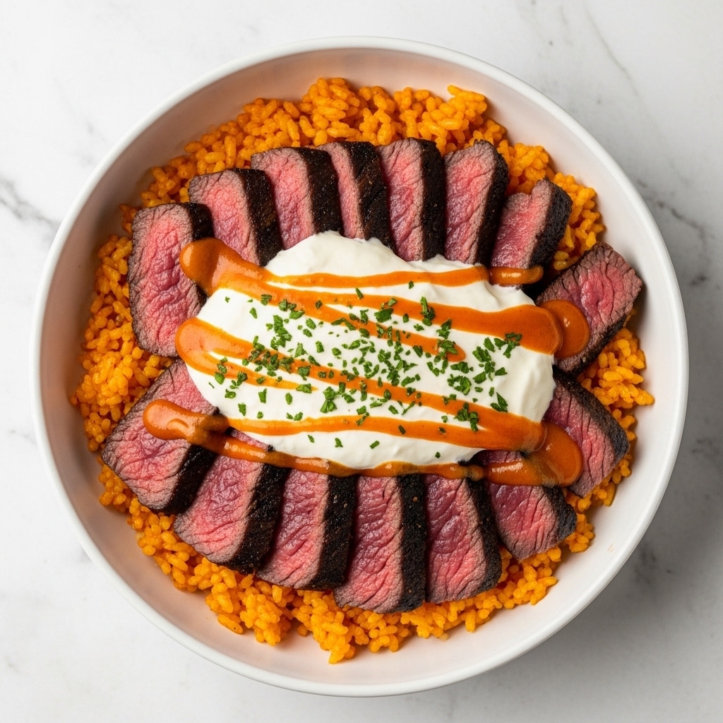 A white bowl with thin dark stripes holds a bed of bright yellow rice as the bottom layer, topped with grilled steak slices arranged around the center, showing a pinkish, juicy inside and a lightly charred outside. On top of the steak is a thick layer of chunky orange sauce covered by a drizzle of creamy white sauce scattered with small green herbs. The herbs are finely chopped and sprinkled evenly over the top. The bowl rests on a white marbled surface, with blurred background elements including a green cup and a white bowl with creamy sauce. Photo taken with an iphone --ar 4:5 --v 7