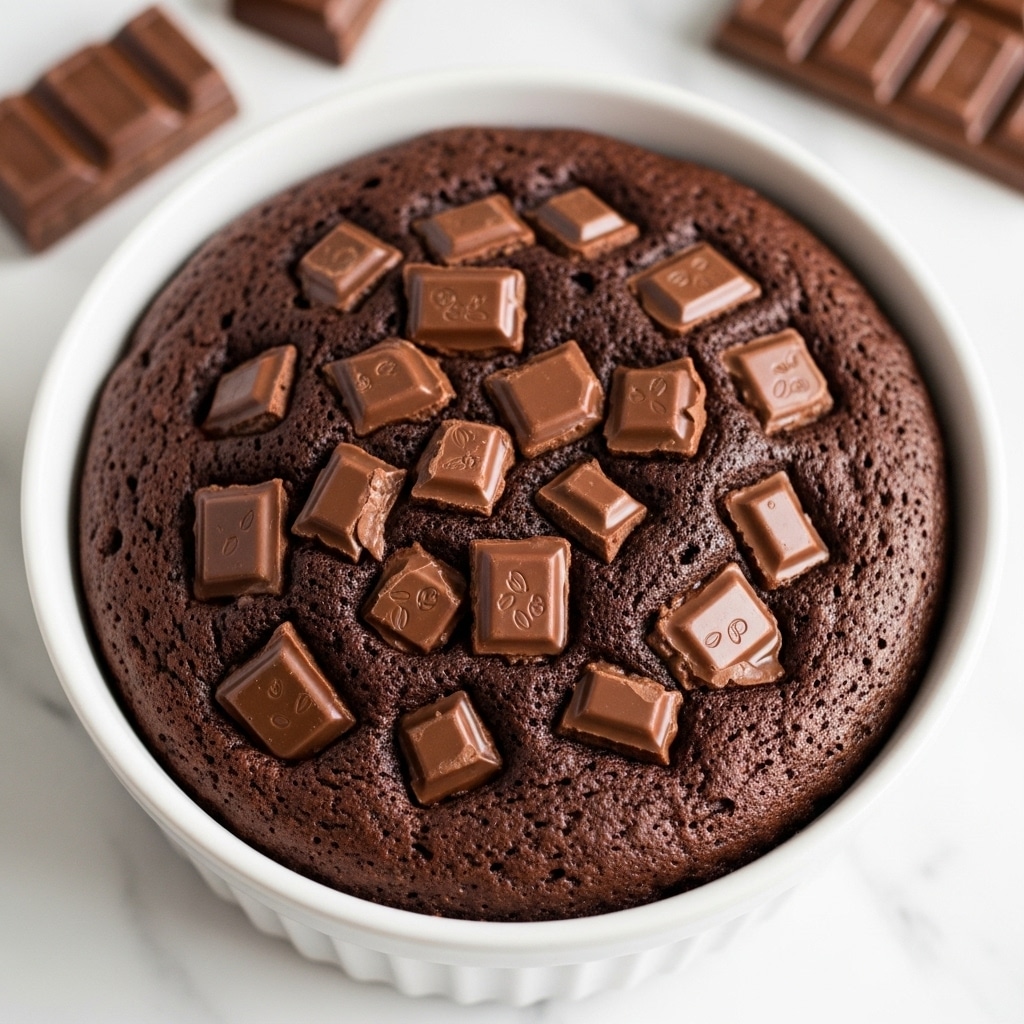 The image shows a white round bowl filled with a rich, dark chocolate dessert that looks soft and moist on top. The surface is textured with melting chunks of glossy milk chocolate scattered unevenly across the top layer, creating a mix of smooth and rough areas. The bowl is placed on a white marbled surface with pieces of broken chocolate bars slightly blurred in the background, adding context but keeping focus on the dessert. Photo taken with an iphone --ar 4:5 --v 7