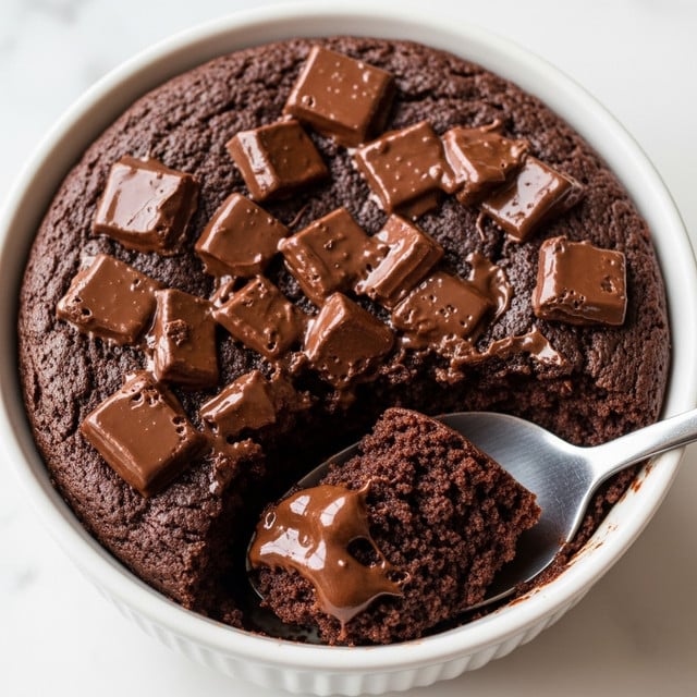 A close-up view of a white bowl filled with a dark, crumbly chocolate cake. The cake has rich, melted chocolate chunks spread unevenly on top, creating shiny, smooth patches that contrast with the rough texture of the cake. A silver spoon is digging into the cake, scooping up a soft, moist piece with melted chocolate dripping from it. The bowl is set on a white marbled surface. Photo taken with an iphone --ar 4:5 --v 7