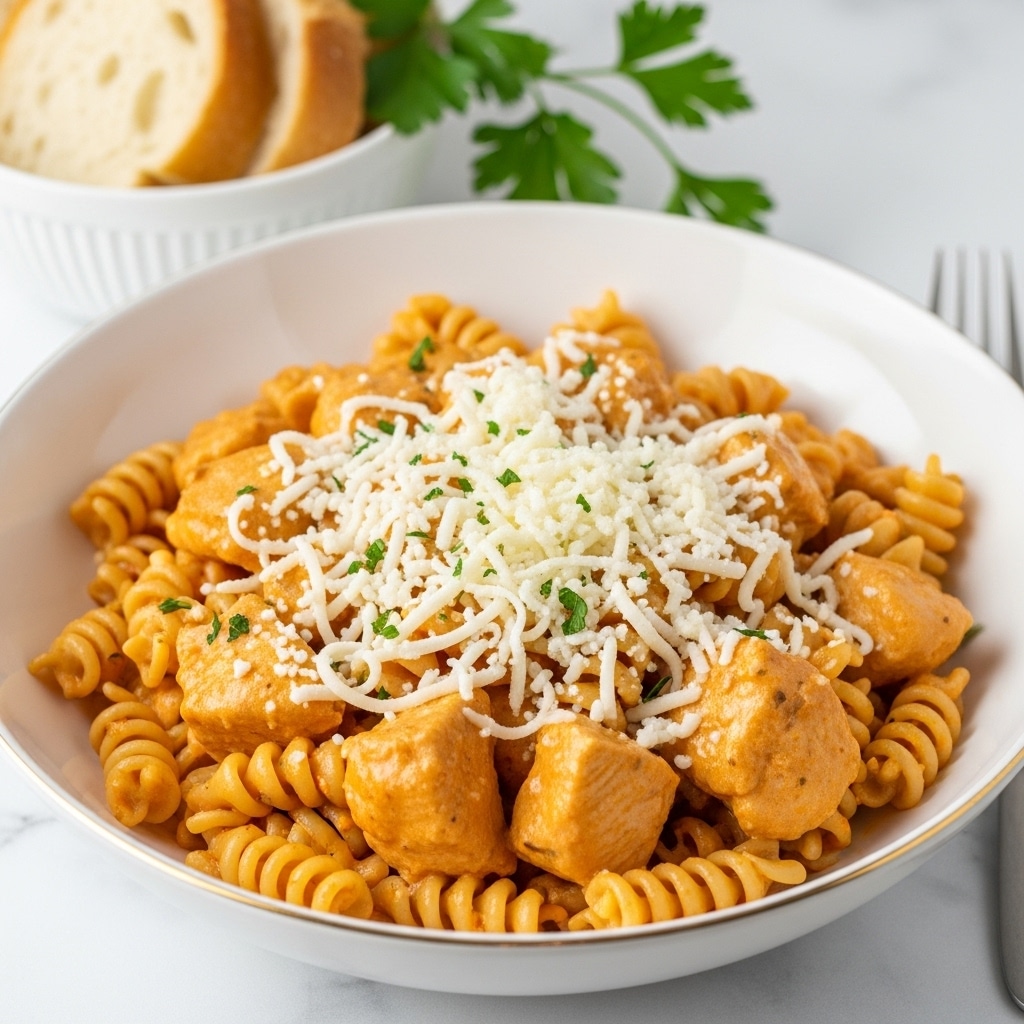 A white bowl filled with creamy orange soup, containing spiral pasta and small chunks of chicken evenly mixed throughout. The soup is topped with a layer of melted white cheese and a small mound of grated cheese in the center, garnished with a few green parsley leaves. The bowl is placed on a white marbled surface with a gold spoon nearby and slices of bread in the background, creating a cozy and warm setting. photo taken with an iphone --ar 4:5 --v 7