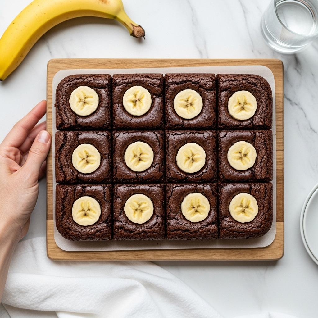 A square wooden board holds a grid of nine dark brown brownies with a shiny top and cracked texture. Each brownie is topped with a round slice of light yellow banana, creating a neat pattern across the brownies. The background shows a white marbled surface with a whole banana and a clear glass of water nearby. A white cloth is partly visible at the bottom edge of the image, and a woman's hand gently holds the board from the side. Photo taken with an iphone --ar 4:5 --v 7