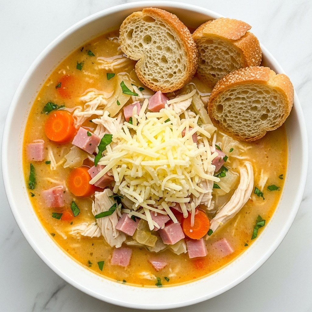 A white bowl filled with creamy soup showing a mix of shredded white chicken, small orange carrot pieces, and diced pink ham throughout the light orange broth. On top, there is a pile of pale yellow grated cheese and four light brown croutons with a slightly rough texture. Small bits of green herbs sprinkle across the surface, adding color contrast. The bowl is set on a white marbled surface. Photo taken with an iphone --ar 4:5 --v 7
