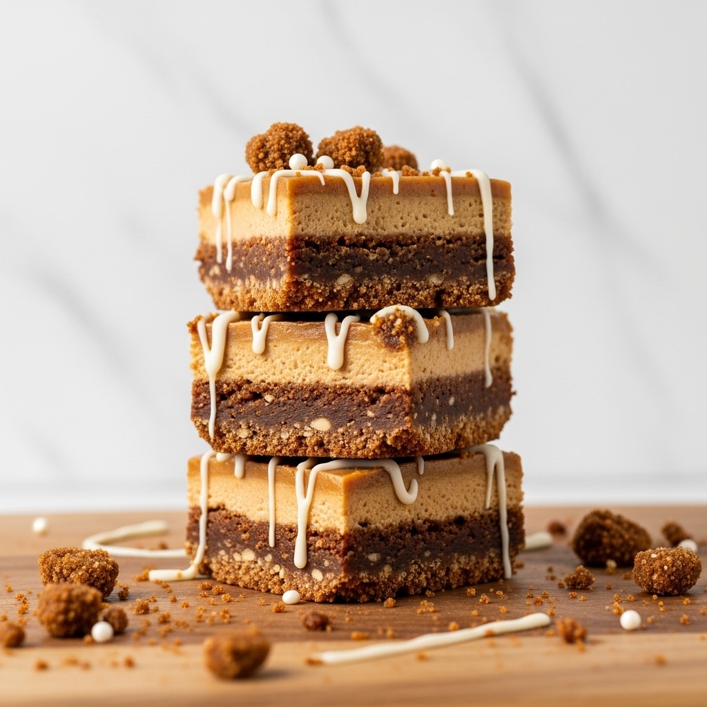 The image shows a stack of three square dessert bars placed on a wooden board against a white marbled background. Each bar has two layers: a thick bottom layer that is dense and brown, with a crumbly texture, and a smooth, caramel-colored top layer. The top is decorated with small crumb clusters and thin white drizzles spilling slightly over the edges. More crumb pieces and white sprinkles are scattered around the base of the stack on the wooden board. Photo taken with an iphone --ar 4:5 --v 7